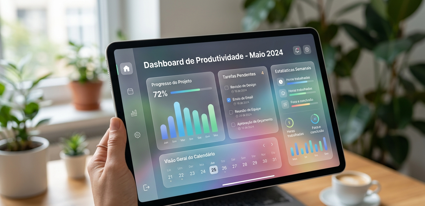 Um tablet com uma interface de usuário em estilo Glassmorphism